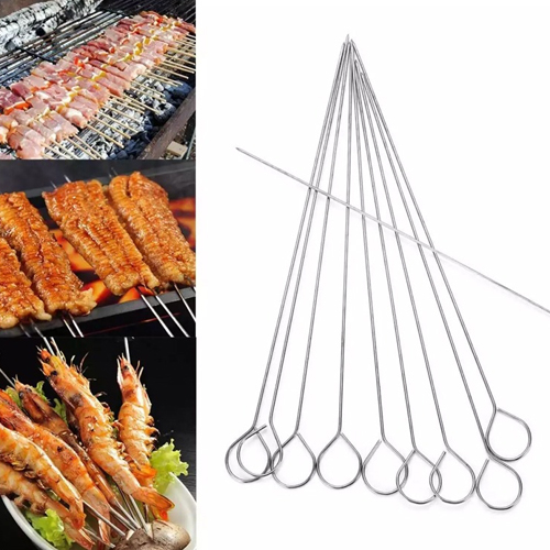 Barbecue Skewers ,10Pcs Stainless Steel Barbecue String with Wooden Handle BBQ Stick Needles